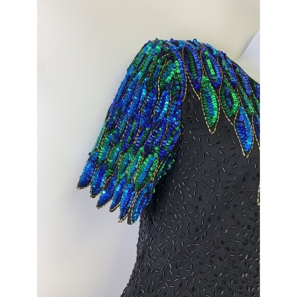 Stenay Silk Beaded Dress Sheath Short Sleeves Blue Black Peacock Feathers Size 6 - Picture 2 of 16